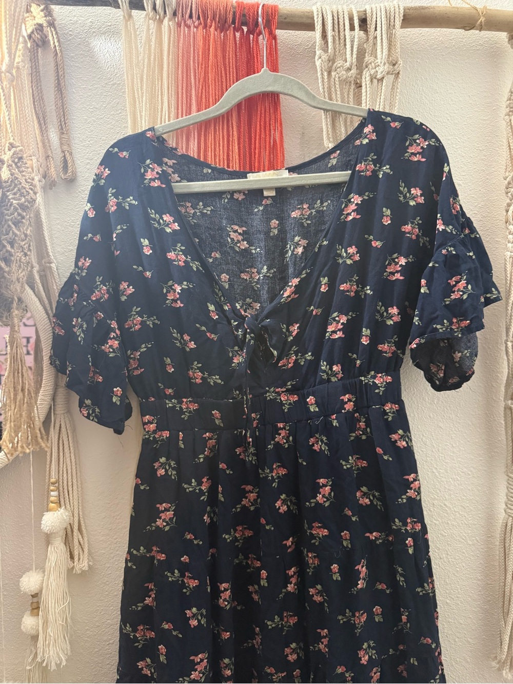 Floral V-Neck Midi Dress in Navy with Pink Roses